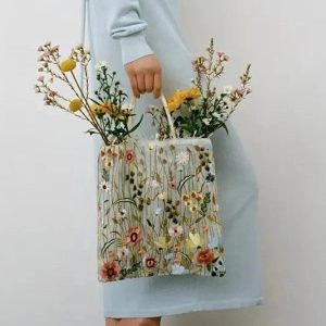 Amelia Tote Bag - Canvas Embroidered Floral Design